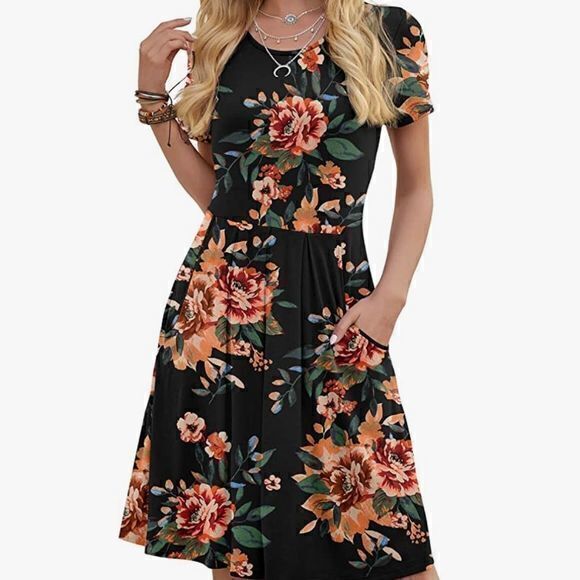 DouBCQ Women's Floral Print Casual Flowy Pleated Loose Dress with Pockets‎ Sz L - Picture 3 of 15